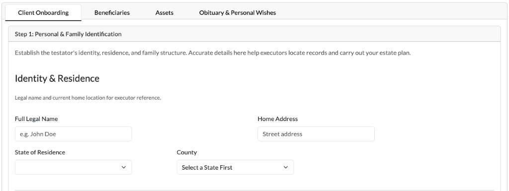 Client onboarding form for personal and family identification in EstateVaultUSA